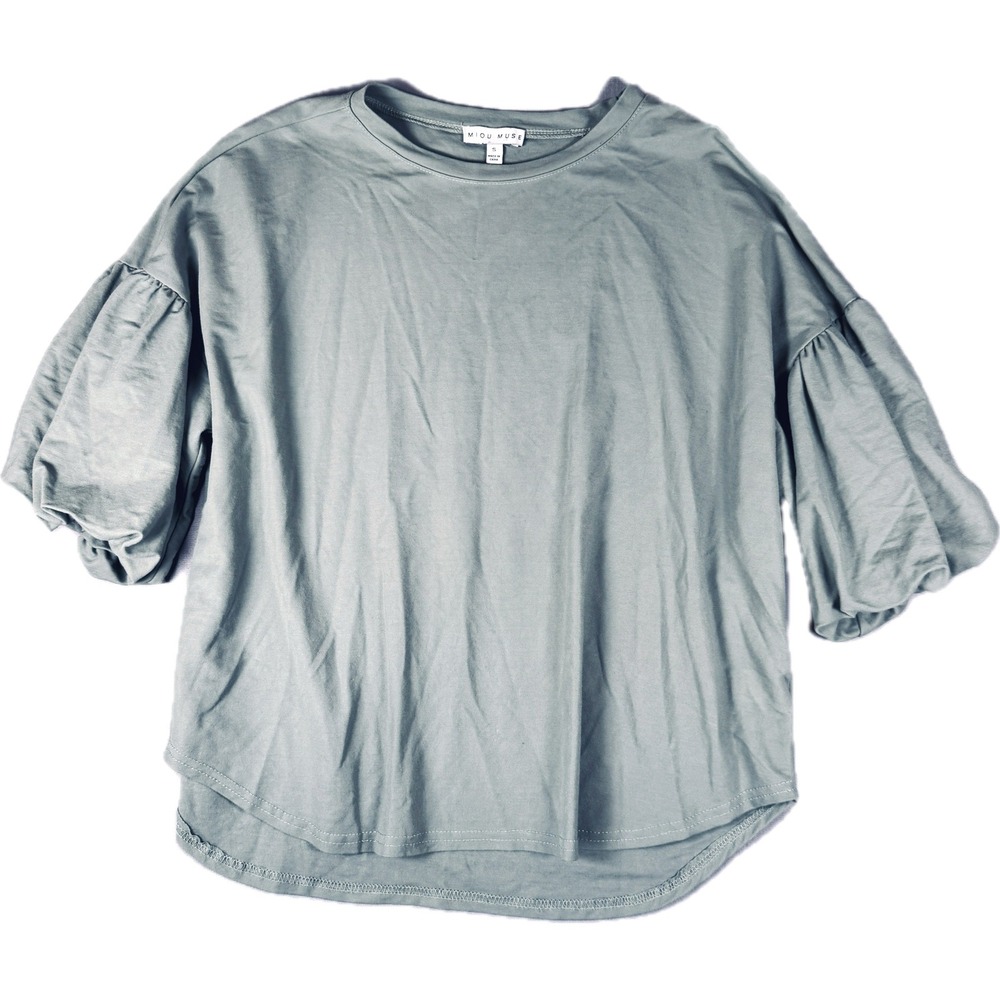 Miou Muse Puff Sleeve Top Womens Small Sage Green Relaxed High-Low